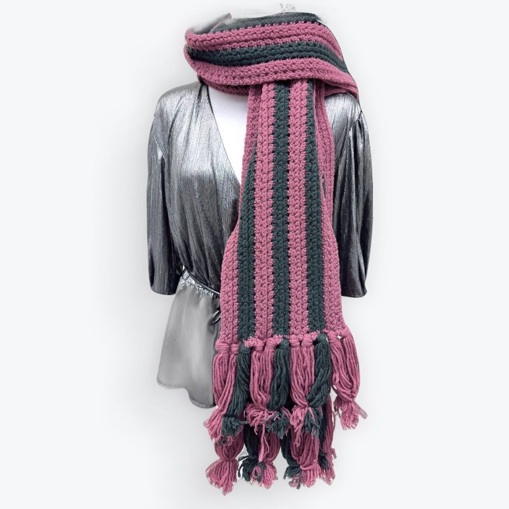 Auth Gucci X Long Thick Knit Pink Green Striped Muffler Stole Scarf